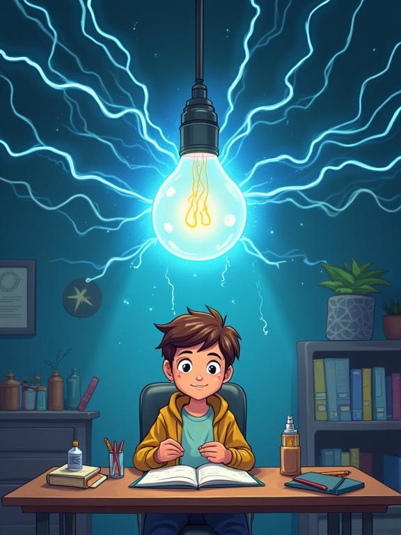 Cartoon image of a student studying with thoughts about electricity. Bright light bulb above head. Student at desk surrounded by books and supplies.