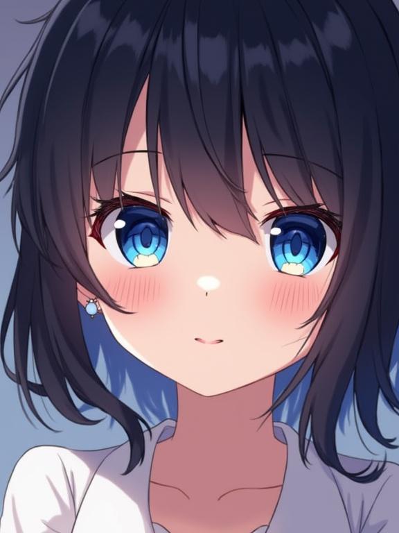 Anime-style illustration of a girl with blue eyes and dark hair. She wears earrings. She has a gentle expression. Soft lighting emphasizes features. Focus on vibrant colors and engaging gaze.