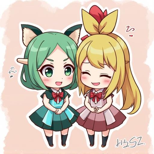 Create a cute mascot character for a temple in a萌え style. Two characters are shown with colorful outfits and happy expressions.