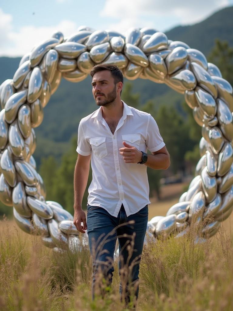 A person walks towards a large metallic sculpture in a grassy field. The sun shines brightly in a clear blue sky. The scenery is filled with mountains in the background. The focus is on promoting wellness and outdoor activities.