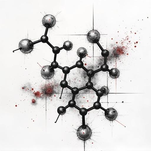 Illustration of drawn molecules. Focus on molecular structure with spherical elements and connecting lines. Include splashes of color for artistic effect.