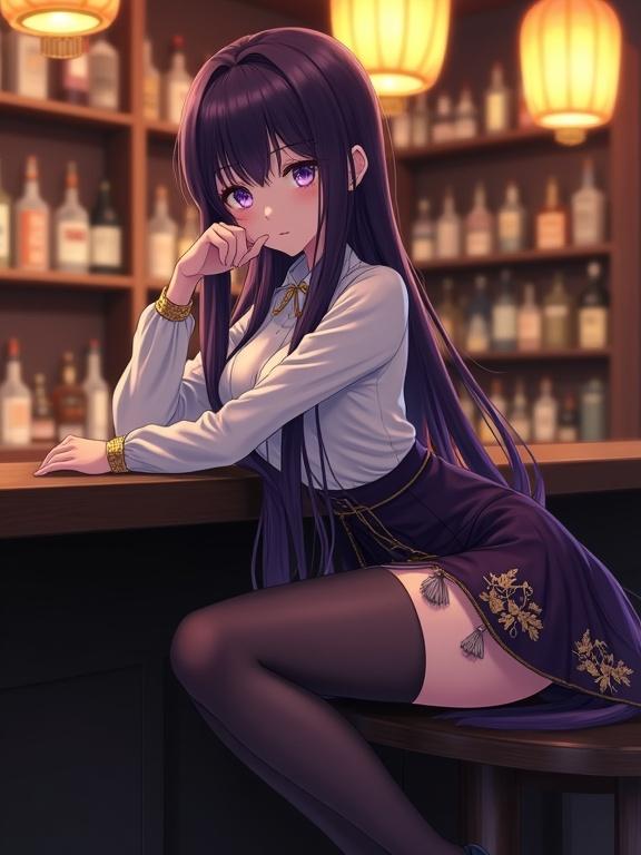 Anime-style character seated at a bar. Long dark violet hair. Wearing white top with gold accents. Dark purple high-waisted skirt. Dark stockings and black heels. Contemplative pose with hand near face. Light violet eyes. Serene expression. Dimly lit bar background with wooden shelves and glowing lanterns.
