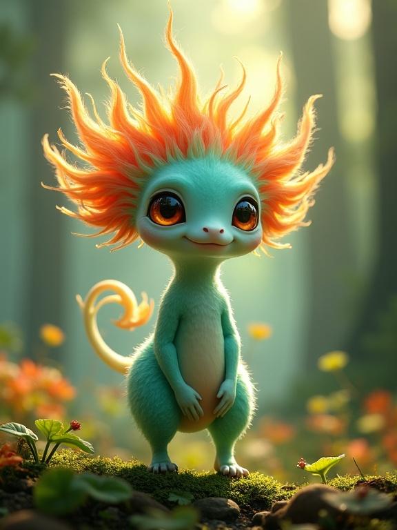 Whimsical fantasy creature with plant and animal features. Teal body with glowing texture. Large round eyes with orange irises. Flame-like fronds in orange and red. Standing on forest floor with soft lighting. Enchanted forest background.