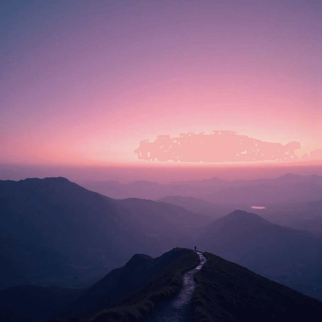 A picturesque sunrise casts a pink and purple hue over a winding mountain path and distant peaks.