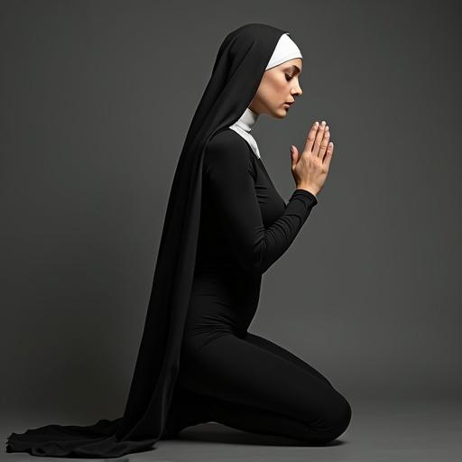 Nun in a latex skintight habit kneeling in prayer