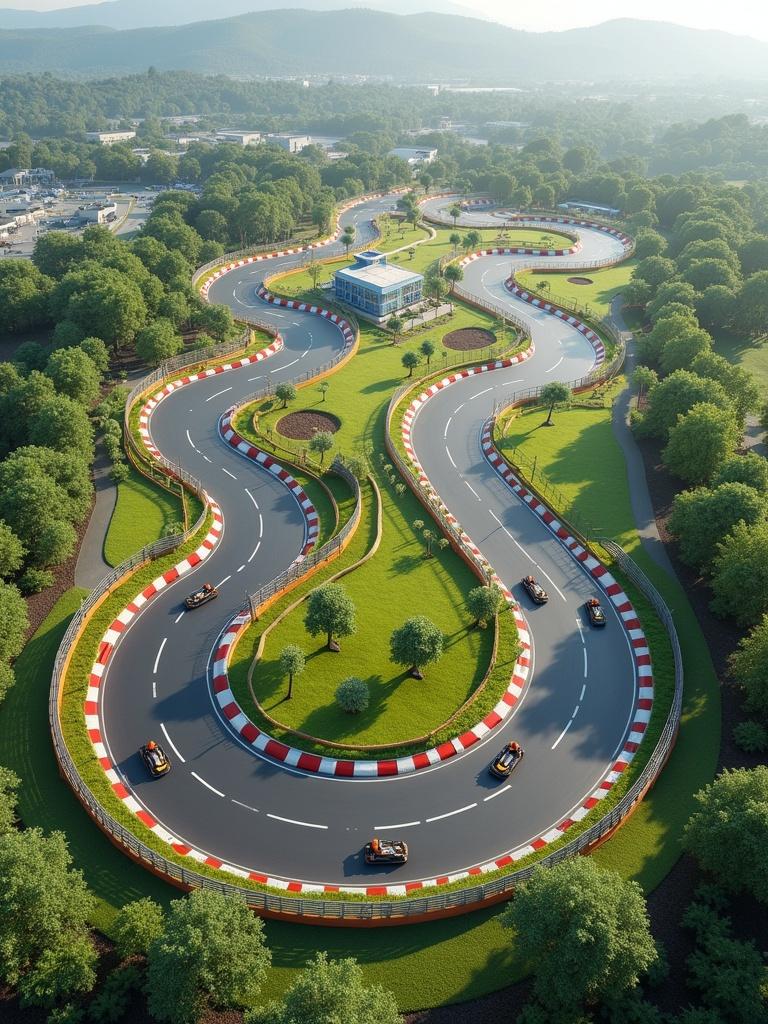 Design a 750-meter go-kart circuit with a mix of curves and straights. Include safety barriers and run-off areas. Feature solar lighting and recycled materials. Provide sections for beginners and advanced racers. Include viewing zones and a training loop.