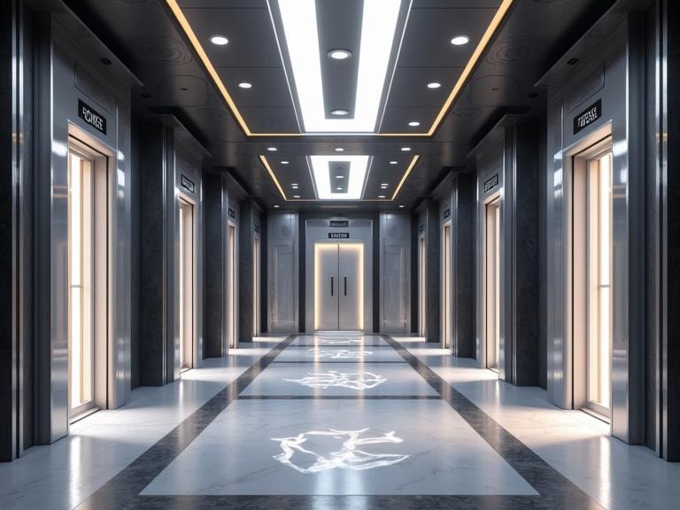 An ultra realistic photo of a luxury room featuring futuristic doors with numbers above them. The scene includes a sleek corridor, elegant lighting, and a high-end atmosphere.
