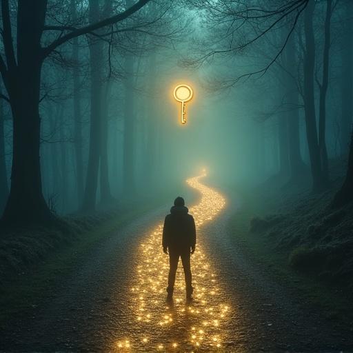 Person stands at a crossroad in a mysterious forest. One path glows with light toward a golden key. The scene feels magical and immersive with no text or icons. Key symbolizes emotional intelligence.