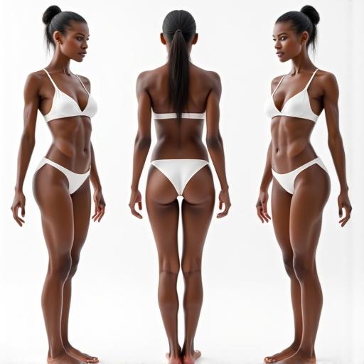 Athletic female model in a white bikini showing defined muscles. Model poses in multiple angles. Bright setting highlights the outfit.