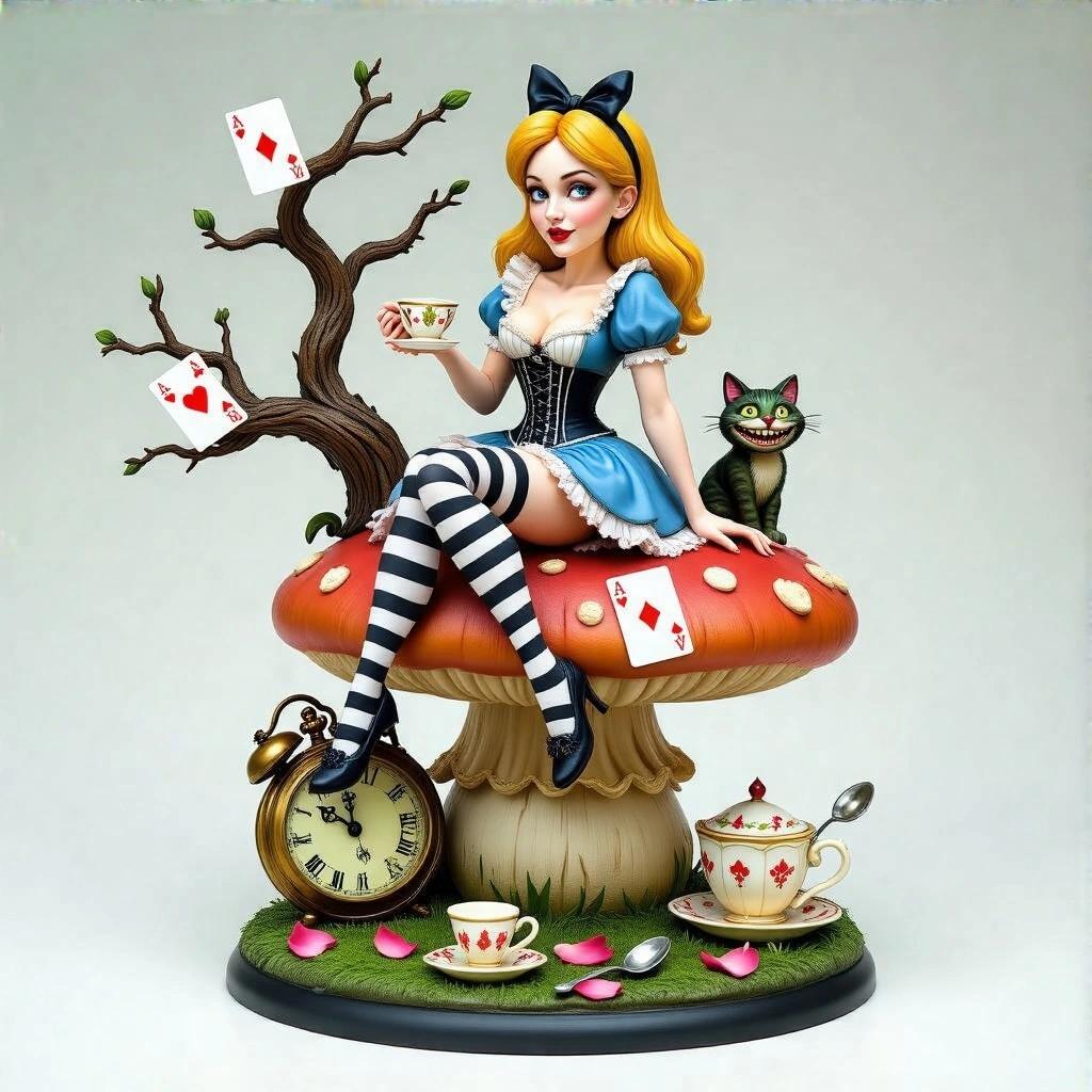 Detailed resin statue of a stylized woman from Alice in Wonderland. Alice atop a large mushroom holds a teacup. She wears a corset dress with short skirt and striped stockings. Confident expression. Behind her, a small tree with a grinning cat. Playing cards on the trunk. Base includes a pocket watch, overturned cups, petals, and teaspoons. Colorful miniature scene with attention to composition.