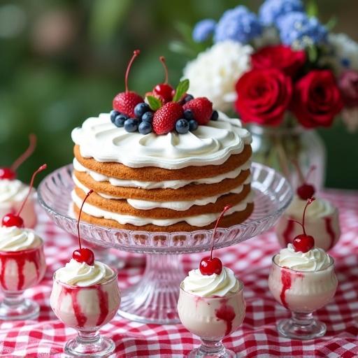 Multi-layer cake with white frosting and fruits. Cake sits on a crystal stand surrounded by parfait cups. Parfait cups filled with vanilla ice cream, whipped cream, strawberry glaze, and cherries. Everything is placed on a red and white checked tablecloth. A vase with flowers enhances the table setting.
