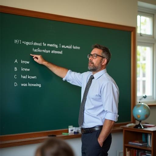 Male teacher stands in front of green chalkboard in classroom. He wears a shirt and tie. Teacher points to English grammar question written in white chalk. Background shows bookshelves and a globe. Bright natural light comes from the window.