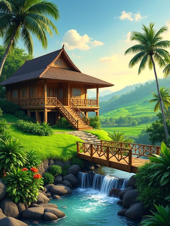 Vibrant tropical landscape with traditional wooden house. House on stilts with dark thatched roof. Wide open veranda with wooden railings. Surrounded by lush greenery and flowing stream. Stream features cascades over smooth rocks. Clear water with visible pebbles. Bright green grass on gentle slopes. Small wooden bridge spans the stream. Colorful flowers in foreground. Background has rolling green hills turning to horizon with bright blue sky and soft hues at sunset. Overall tranquil scene of natural beauty.