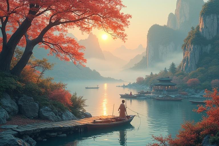 Serene landscape with mountains and a river during sunset. Autumn foliage with a traditional boat on the water. Soft warm lighting illuminating the scene. Reflection of mountains in the water.