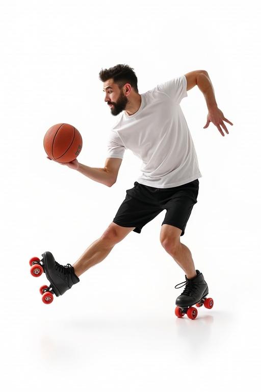 Athlete in motion on roller skates. Player balancing while holding a basketball. Bright and clean white background. Dynamic action shot. Focus on sports and fitness culture.