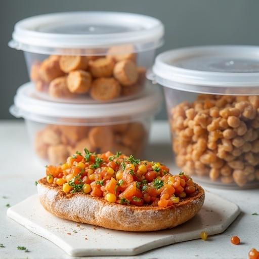 Closed transparent storage boxes are filled with food items. A slice of bread is topped with colorful food options. The scene showcases food packaging and creative toppings.