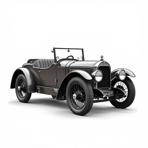 A small open car possibly a runabout or lightweight utility vehicle from the early 20th century with simple functional design large spoke wheels and exposed front engine. Background is white highlighting vehicle details clear and precise drawing.
