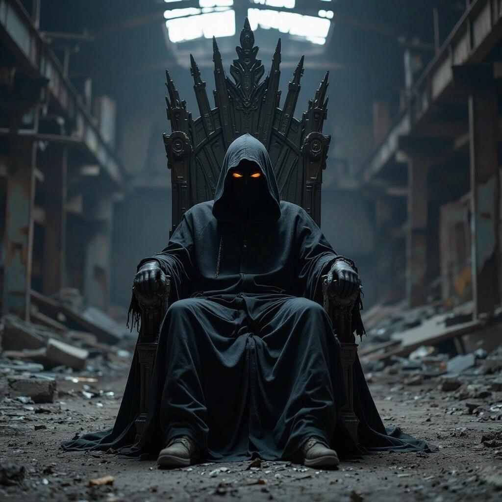 Cloaked figure seated on a grand throne in a dilapidated warehouse. The surroundings appear abandoned with debris. The figure’s face is obscured by a hood, glowing eyes visible.