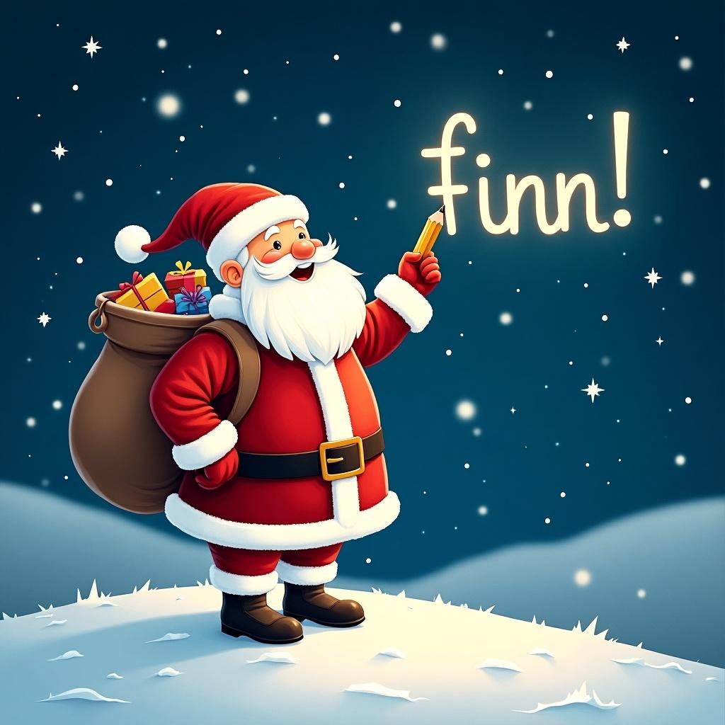 In a magical winter scene, Santa Claus stands on a snowy hill under a starry night sky. He is holding a pencil and looking up as he writes names of children in the sky. Santa, dressed in his traditional red and white suit, has a large sack of gifts on his back. The night is bright with twinkling stars surrounding him. The phrase 'Finn!' is displayed in a whimsical font, adding to the festive atmosphere.