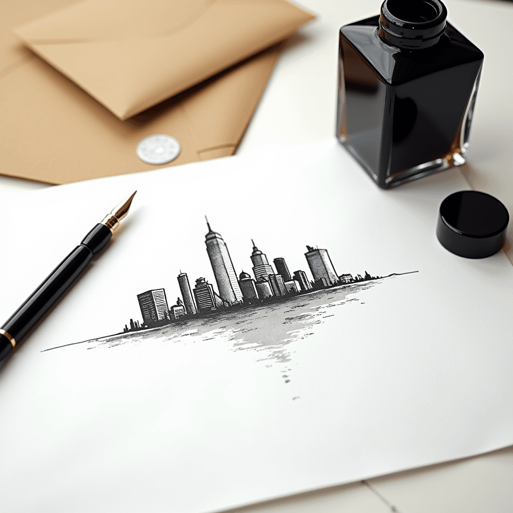 A black ink drawing of a city skyline reflected in water, accompanied by a fountain pen and ink bottle.