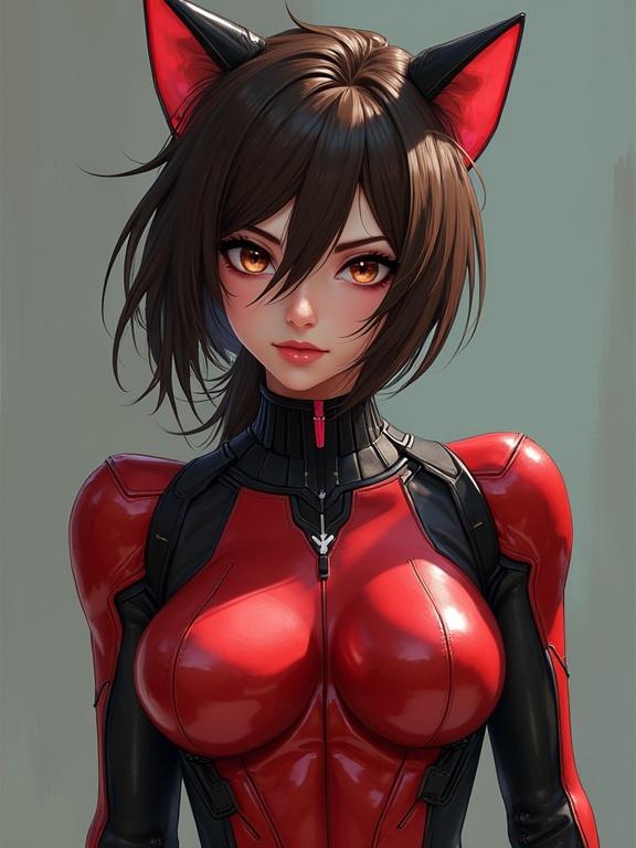 Stylized anime character in a red and black suit. Cat ears and confident expression. Detailed facial features and modern design. Futuristic and attractive appearance.
