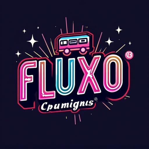 Logo design featuring the typographic name 'FLUXO 073', includes a train icon and boom sound wall symbols, aesthetic inspired by funk music festivals.