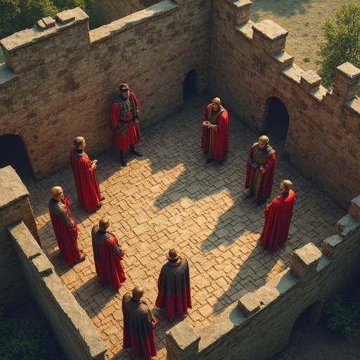 Isometric view of a medieval scene showcasing a tournament attended by the king and wizards. The setting includes individuals in red robes, captured from a drone perspective.