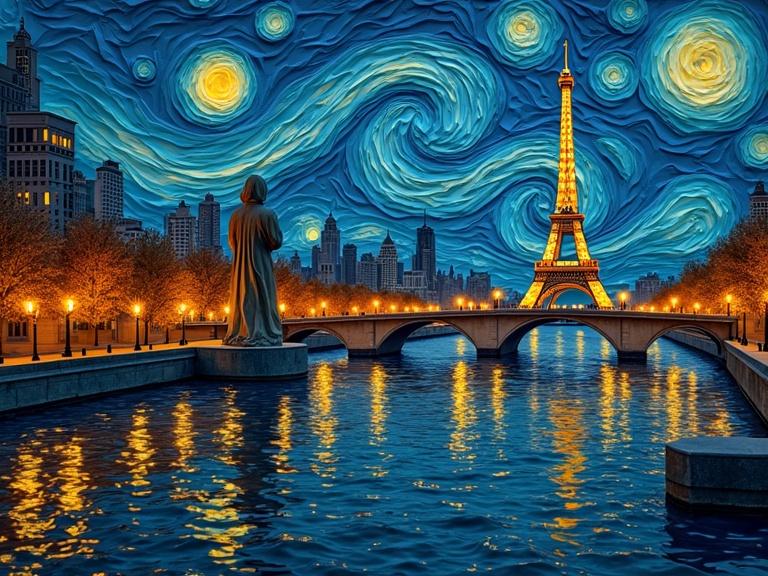 A cityscape featuring a vibrant Paris skyline at night with Eiffel Tower. Thick textured layers create depth and reflect ambient city lights on the water. Vincent Van Gogh inspired starry sky in vibrant colors. Full moon with a glowing effect. Perspective view showcases detailed architectural elements like skyscrapers and bridges along the riverbank.