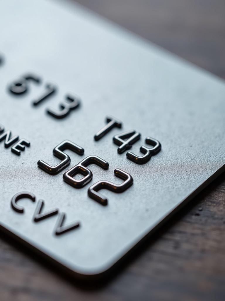 Close-up picture of back of a credit card. Focus on bold font and CVV number. Silver background. Textured surface.