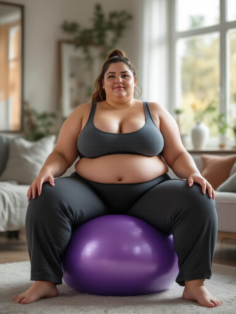 Plus-size woman with big wide legs and hips sitting on a deflated purple yoga ball in a Danish living room.