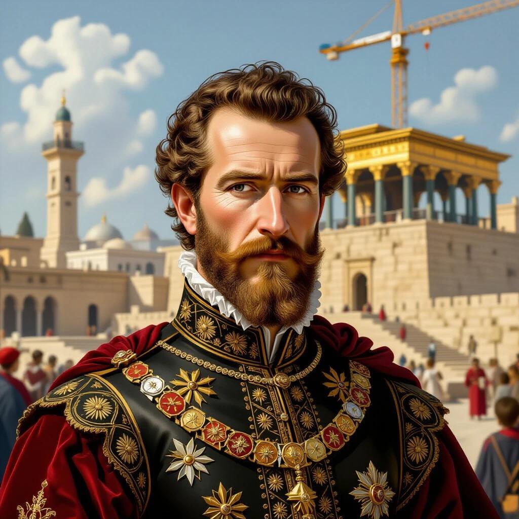 Photorealistic portrait of Philip II of Spain in rich regalia with detailed medals. Background displays the Temple of Solomon's construction. Sunny atmosphere reflects Renaissance architecture and art.
