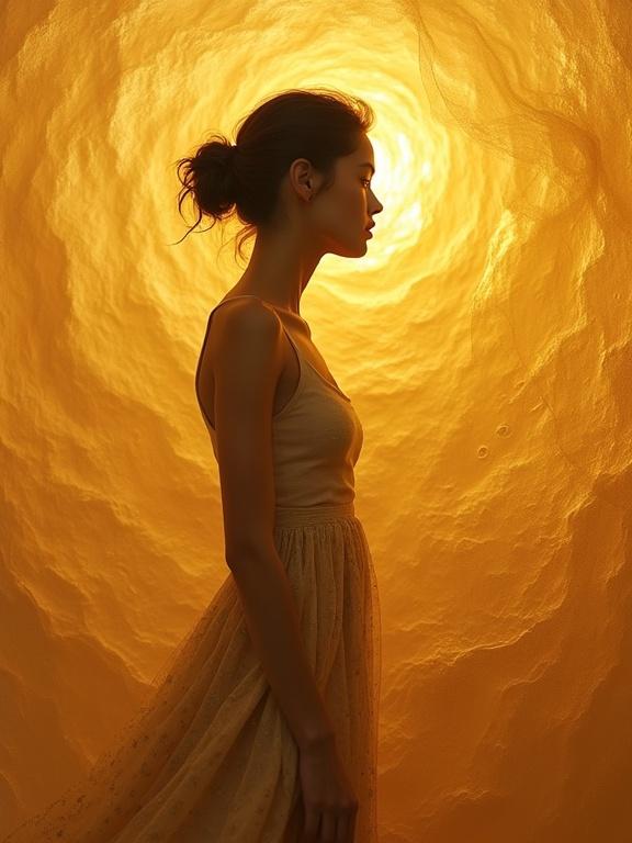 Portrait of a minimally dressed female figure in profile. Figure expresses disappointment and astonishment. Warm amber and gold colors dominate. Background features abstract swirls and textures. Image is high resolution and ultra-sharp. Represents fine art and conceptual portrait photography.