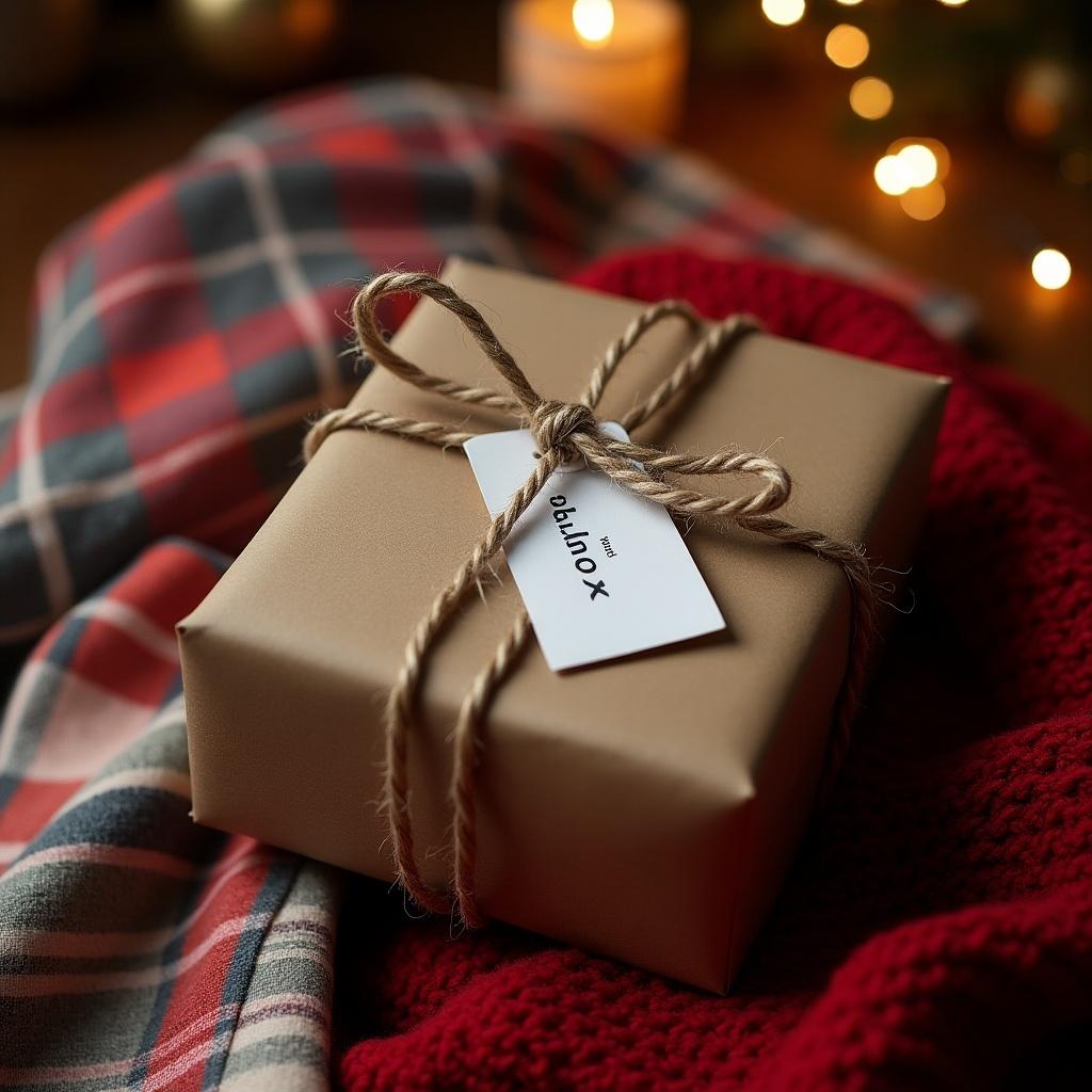 This image showcases a beautifully wrapped gift box made of brown paper, delicately tied with twine. The gift tag reads 'from Chlo xx', adding a personal touch. Surrounding the gift is a cozy tartan scarf, emphasizing the warm festive vibe. The background is softly illuminated, featuring glowing ornaments that enhance the holiday spirit. Set atop a vivid dark wood table, the overall scene exudes elegance and charm.