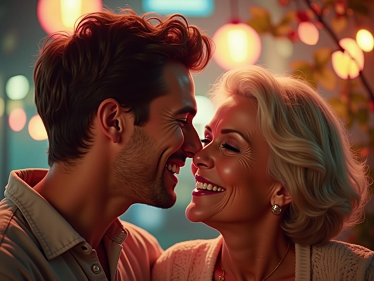 In this scene, the younger guy on the left and the older woman on the right are sharing a romantic moment. They lean in closer to each other, their lips almost touching. The setting around them is vibrant and lively, adding to the romantic atmosphere. The guy has a soft smile, while the woman's expression is one of affection. It feels like an intimate and spontaneous kiss is about to happen, capturing a sweet connection between the two.