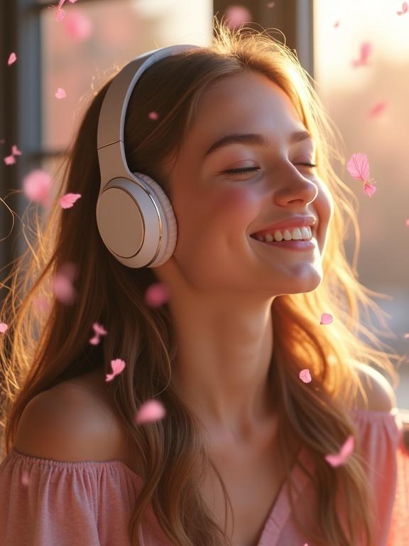 Teenage girl enjoys music with closed eyes. She wears wireless headphones. Soft smile radiates euphoria. Surrounded by floating musical notes and cherry blossom petals. Warm golden hour light with bokeh effects. Hair flows gently. Cozy coffee shop with sunlight streaming through windows. Captures a moment of musical therapy.