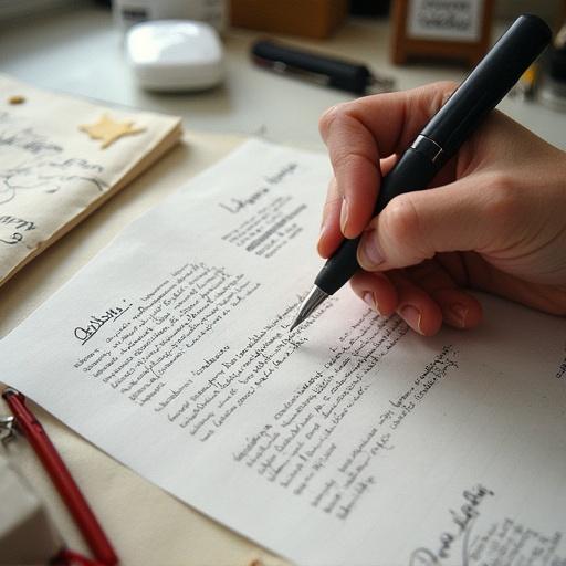 A close-up image of a hand holding a black pen and writing on a sheet of paper. The paper features handwritten notes and sketches. The background includes a cluttered workspace with various stationery items.