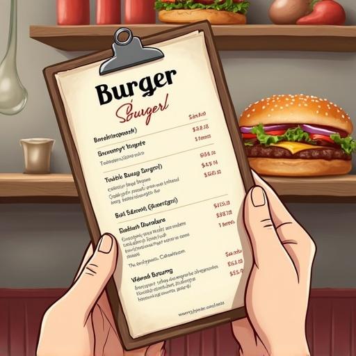 Image of a menu card for a burger restaurant. The menu lists various burger options with prices in Danish. Warm colors and inviting design.