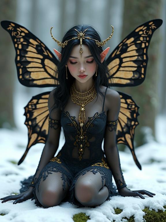 Detailed 3D rendering of a dark fairy. She has black and gold butterfly wings. Pointed ears and closed eyes. Serene expression. Muted grayish-blue skin. Dark hair with loose curls. Ornate gold jewelry with sunburst headpiece. See-through dark garment with gold patterns. Crouching on snow-covered surface with moss. Softly blurred snowy forest background. Diffused lighting showcases details of wings and attire.