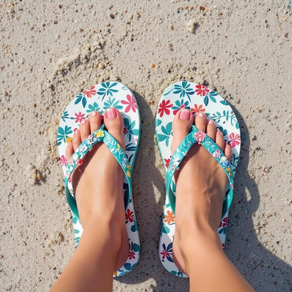 Colorful flip flops are worn on beautiful feet resting on sandy beach. The flip flops display a floral pattern. Sunlight reflects off the sand.