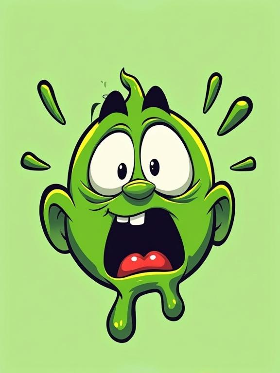 Cartoon face with green color showing disgust about to vomit. Cheeks puffed and exaggerated facial features. Bright and bold outlines.