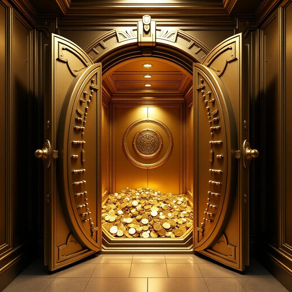 This image depicts a luxurious wealth vault, with a grand ornate door swung open to reveal a dazzling pile of gold coins. The walls of the vault are richly decorated in gold and bronze tones, reflecting opulence and security. Soft, warm lighting casts a glowing ambiance, enhancing the feeling of wealth and prosperity. The floor is sleek and polished, adding to the modern but classic vibe of the vault. This scene conveys a sense of hidden treasures and financial success, perfect for representing themes of wealth management and investment.