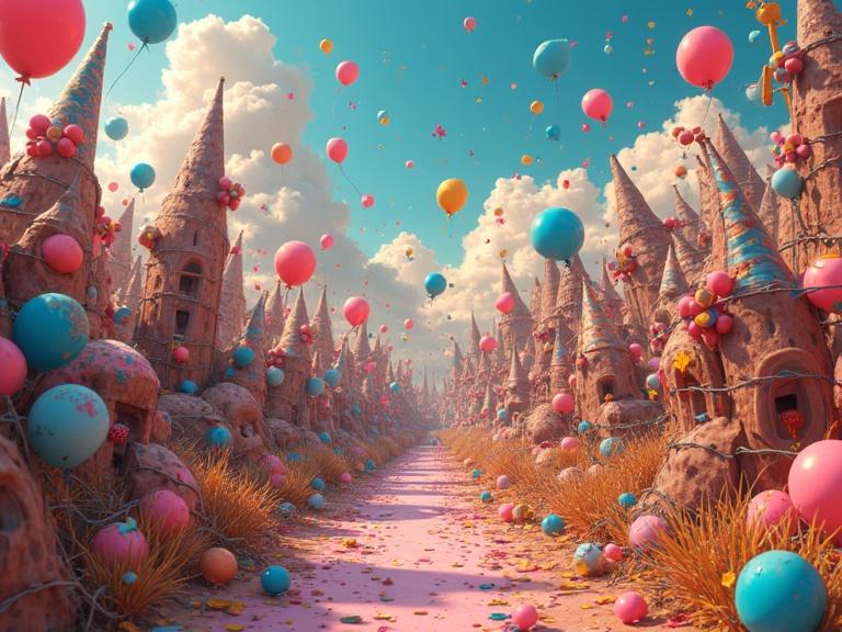 Vibrant digital illustration of a whimsical fantasy kingdom with chocolate-like structures. Pathway adorned with colorful balloons. Party hats on surreal figures. Confetti-falling atmosphere. Surreal juxtaposition and abstract forms.