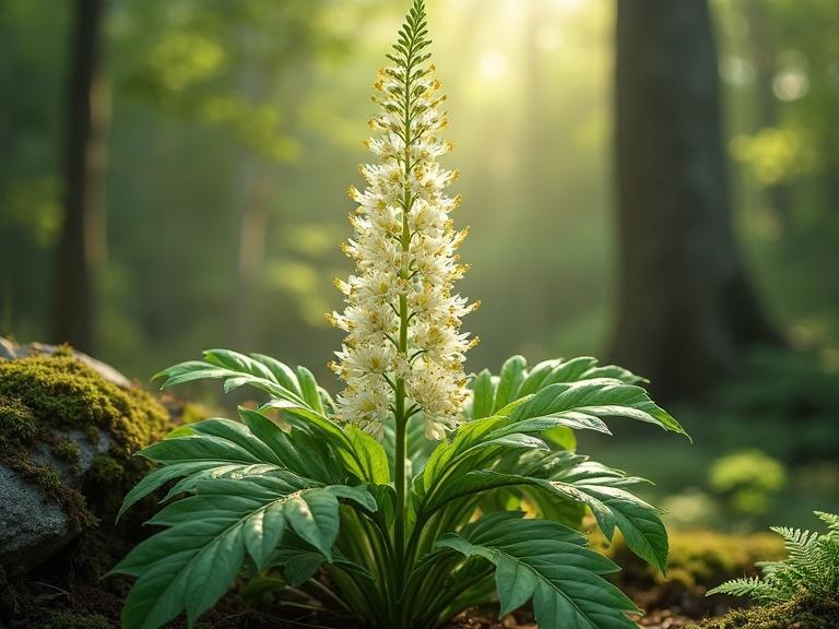 Detailed realistic illustration of Black Cohosh plant in woodland habitat. Center tall stem with dense spike of creamy-white flowers. Leaves are large and fern-like in rich green hue. Background features soft-focus forest with dappled sunlight and moss-covered rocks. Warm diffused lighting emphasizes texture and floral structure. Composition balances botanical accuracy and serene aesthetic without text or labels.