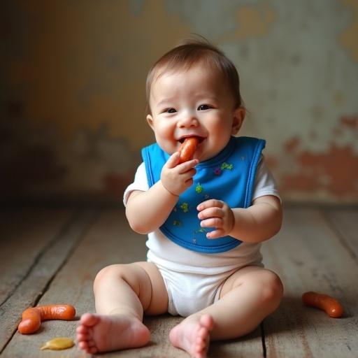 A baby with light brown hair sits on a rustic floor. The baby wears a white onesie with a vibrant blue bib. Soft, chewy foods resembling hot dogs are scattered around. One piece is in the baby's mouth. Natural lighting creates a warm and cozy atmosphere. The image captures the playfulness and innocence of early childhood.