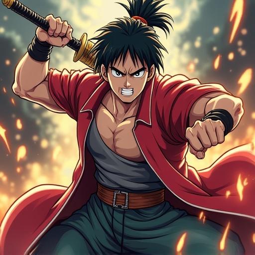 Angry muscular anime character in a dynamic pose. Character holds a sword. Fury and determination are visible. Fiery background adds intensity.