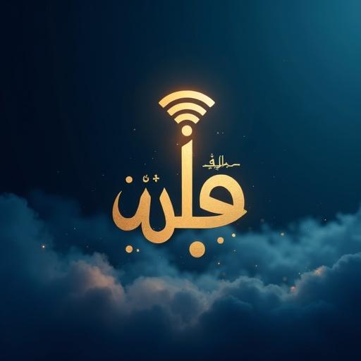 A modern graphic post for a tech and internet company. Background features a gradient of dark blue and sky blue. Digital waves and network lines symbolize wireless connectivity. Center displays elegant golden Arabic calligraphy 'جمعة مباركة'. Above text, a golden Wi-Fi icon radiates upwards. Subtle clouds and light particles create a peaceful atmosphere. Bottom corner contains minimalist tech company logo with Arabic caption 'اتصال لا ينقطع... وبركة لا تنقطع. جمعتكم طيبة من الجُمان'.