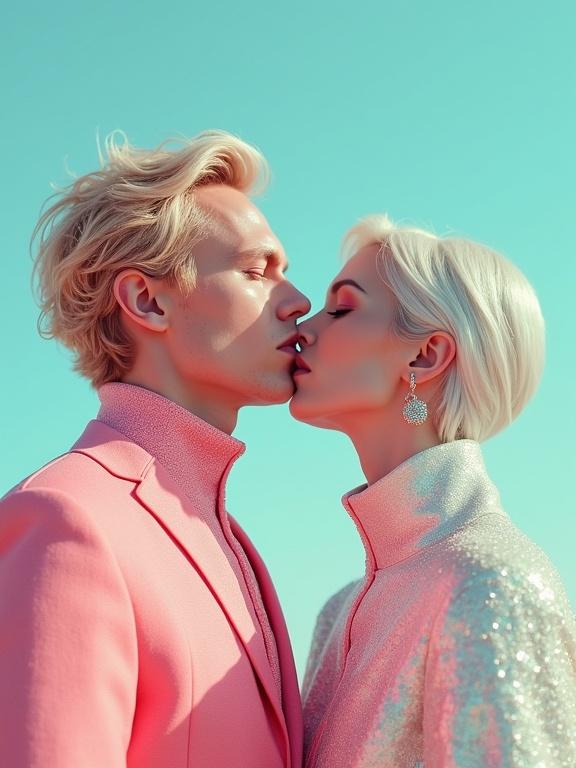 Captivating surreal fashion scene showcasing men and women in close proximity. The subjects wear unusual outfits combining minimalist abstract elements. Bright turquoise and pink are prominent in the color scheme. The environment offers a dreamy aesthetic. Perfect composition emphasizing intricate details. The photo captures a cinematic feel with soft volumetric lighting. Featuring a futuristic style indicative of extraterrestrial influences. Highlighting the beauty of artistic photography.