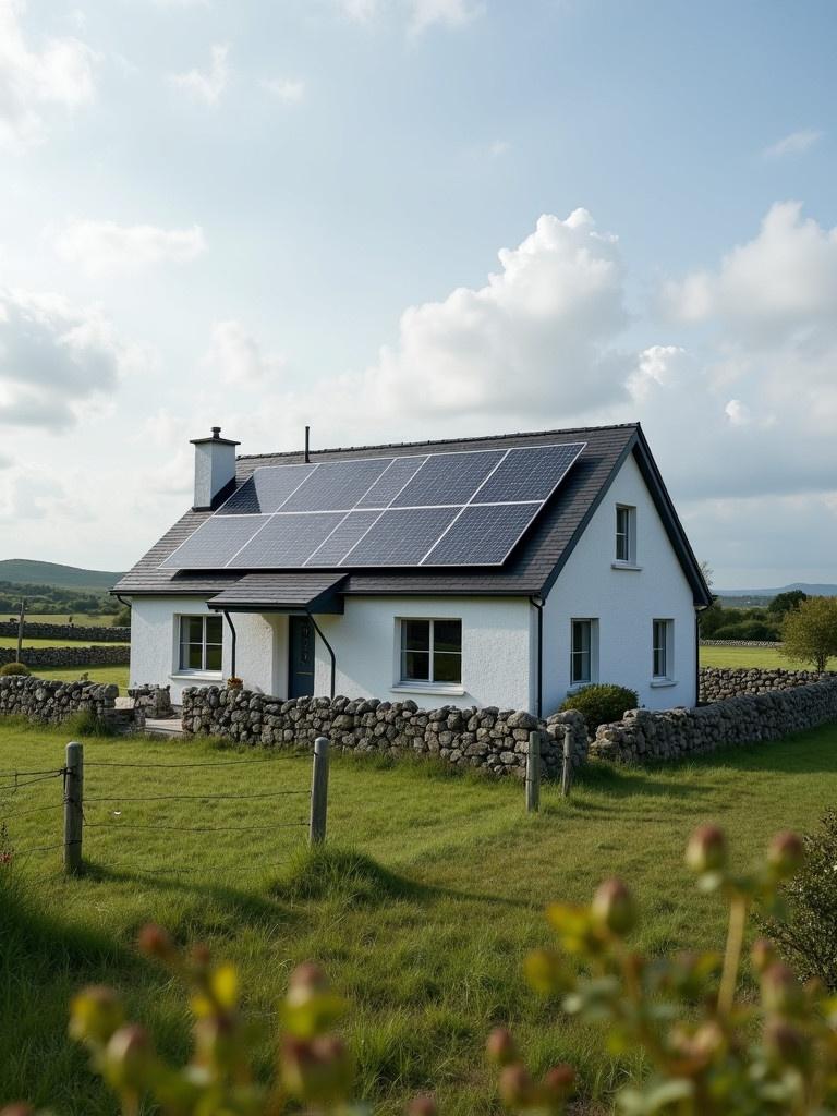 House in the Irish countryside with solar panels. Green grass surrounding the house. Blue sky with clouds in the background. Stone wall around the property. Clean and modern home design.