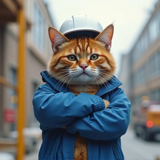 Realistic cat wearing white helmet and blue jacket. Cat standing on a construction site in Genba Neko style with a worried expression. Cat is crossing arms and appears almost falling from scaffolding.