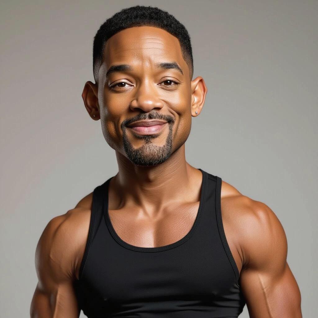 A man with a muscular body wearing a black tank top. The focus is on the strong upper body. The background is simple and elegant.